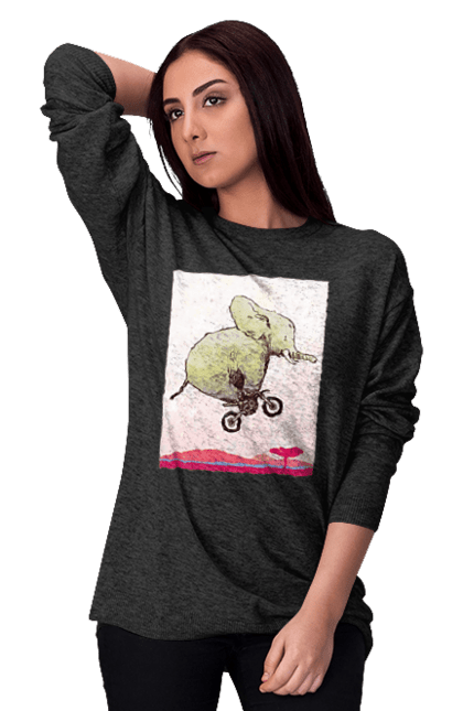 Світшот жіночий з принтом "Слон На Мотоциклі". Мотоцикл, політ, слон. 2070702