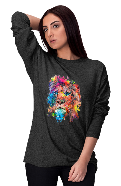 Світшот жіночий з принтом "Лев із фарби". Барвистий лев, індійський лев, лев, лев та холі, розмальовка, святковий лев, фарби, холи. 2070702