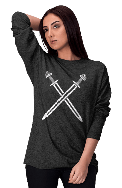 Women's sweatshirt with prints Two crossed swords. Crossed swords, sword, swords, vikings, weapon. CustomPrint.market
