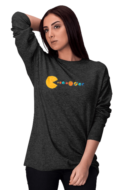 Світшот жіночий з принтом "Pac Man Planets". Atari, namco, pac man, аркадна відеогра, відеогра, комп`ютерна гра, космос, лабіринт, планети, сонячна система. 2070702