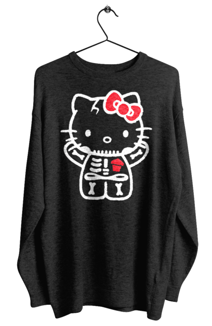 Свитшот женский с принтом Хелло Китти Хэллоуин. Halloween, hello kitty, zombie, бренд, зомби, котенок, персонаж, скелет, хелло китти, хэллоуин. 2070702