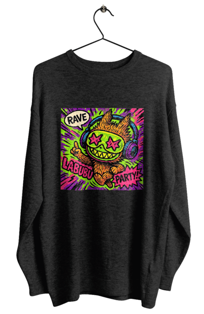 Світшот жіночий з принтом "Лабубу". Вечірка, вуличне мистецтво, графіті, зоряніочі, коміксстиль, лабубу, навушники, неон, попарт, рейв. 2070702