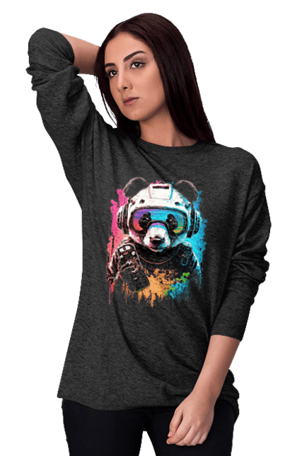 Світшот жіночий з принтом "Панда в VR шолом". Віртуальна реальність, гік, панда, персонаж, шолом. 2070702