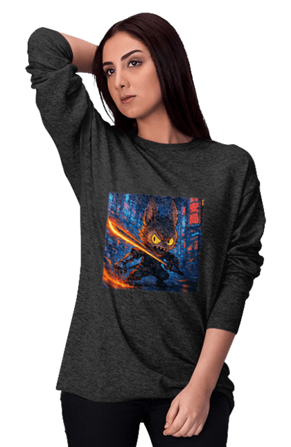 Світшот жіночий з принтом "Лабубу". Аніместиль, дія, катана, кіберніндзя, кіберпанк, лабубу, меч, неонове місто, очі` що світяться. 2070702