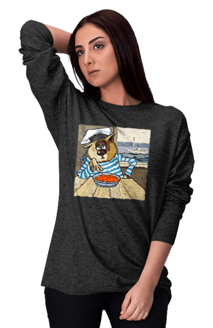 Світшот жіночий з принтом "Кот Моряк, На Кораблі Їсть Червону Ікру". Ікра, кіт, корабель, моряк. 2070702