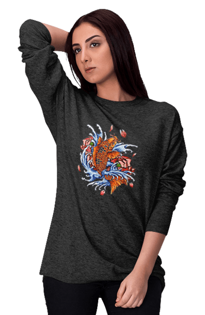 Women`s sweatshirt with prints Fish and waves. Fish, flower, wave. 2070702