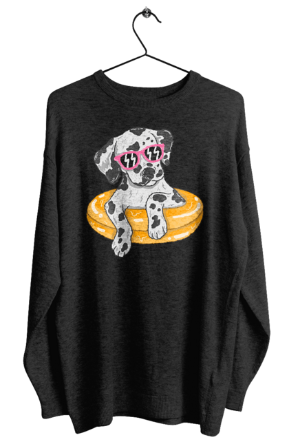 Світшот жіночий з принтом "Далматинець Плаває У Колі". Далматинець, окуляри, плавати, собака. 2070702