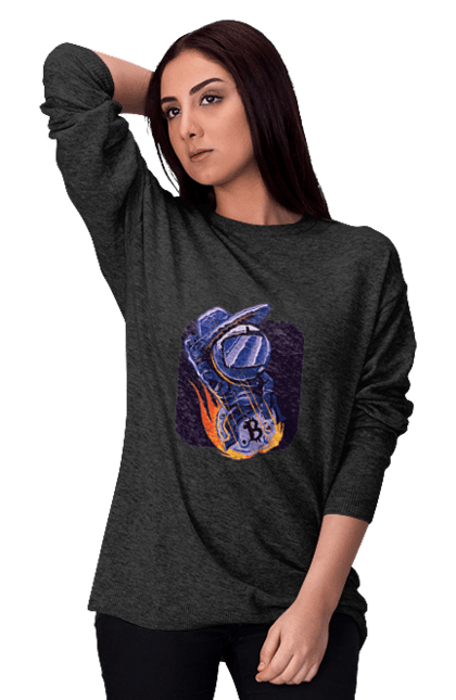 Світшот жіночий з принтом "Космо біткоїн". Биткоин, бінарний, біткоїн, біткойн, валюта, гроші, крипто, програміст, хакер. 2070702