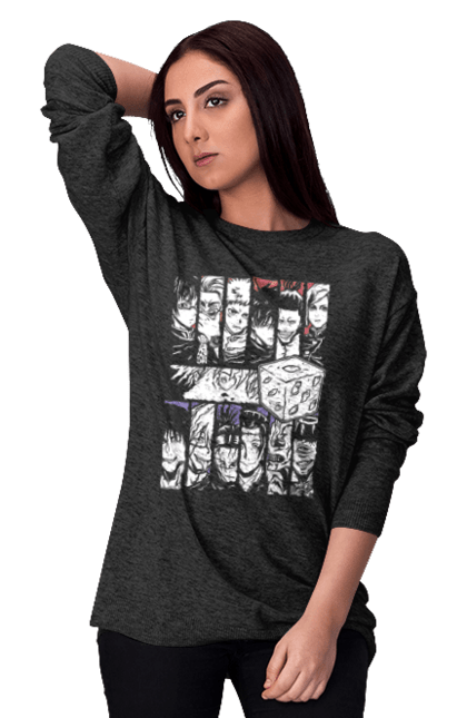 Women's sweatshirt with prints Jujutsu Kaisen Gojo. Anime, dark fantasy, gojo, jujutsu kaisen, magic battle, manga, mystic. 2070702