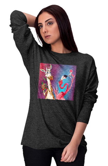 Світшот жіночий з принтом "Жираф І Фламінго На Вечірці". Жираф, їжа, коктейль, фламінго. 2070702