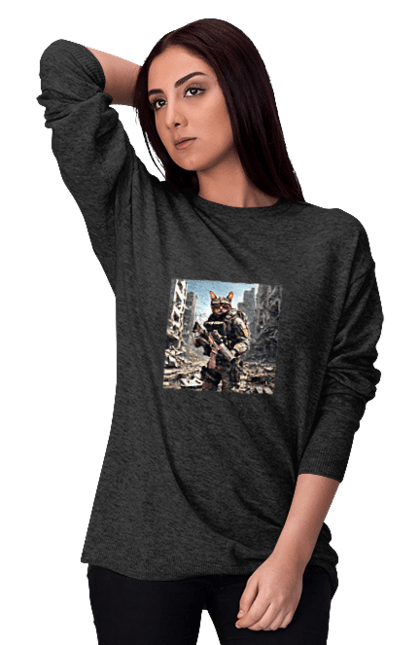 Світшот жіночий з принтом "Кіт десантник". Бронежилет, війна, військовий, гвинтівка, захисник, камуфляж, кіт, рушниця. 2070702