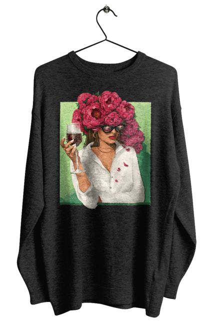 Women`s sweatshirt with prints Girl with peonies and a glass. Flower, girl, glasses, goblet, peonies, shirt, summer, wine. 2070702