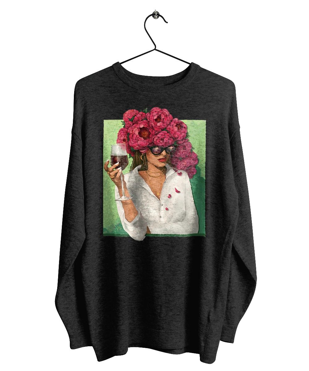 Girl with peonies and a glass