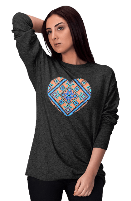 Women`s sweatshirt with prints Heart embroidery. Cross stitch, embroidered shirt, embroidery, heart, i love ukraine, symbols of ukraine, traditions of ukraine, ukraine. 2070702