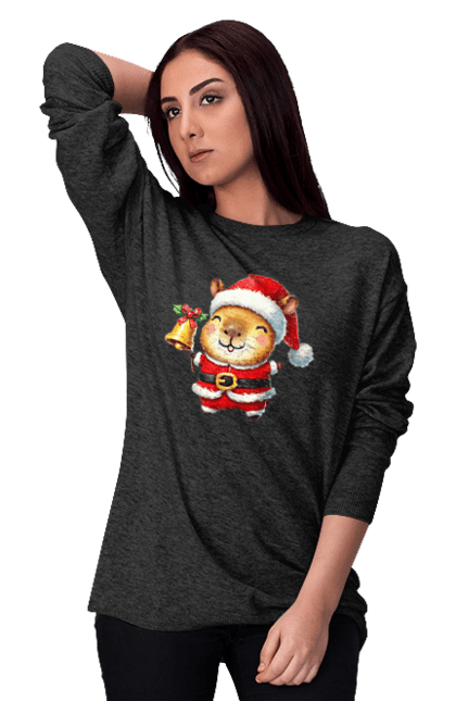 Women's sweatshirt with prints Funny capybara with a bell. Animal, bell, capybara, christmas, christmas capybara, gift, holiday, new year, new year`s gift, santa. 2070702