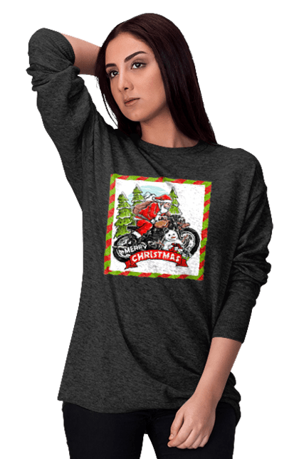 Світшот жіночий з принтом "Санта на мотоциклі". Мотоцикл, новий рік, подарунки, різдво, санта, сніговик, ялинка. 2070702