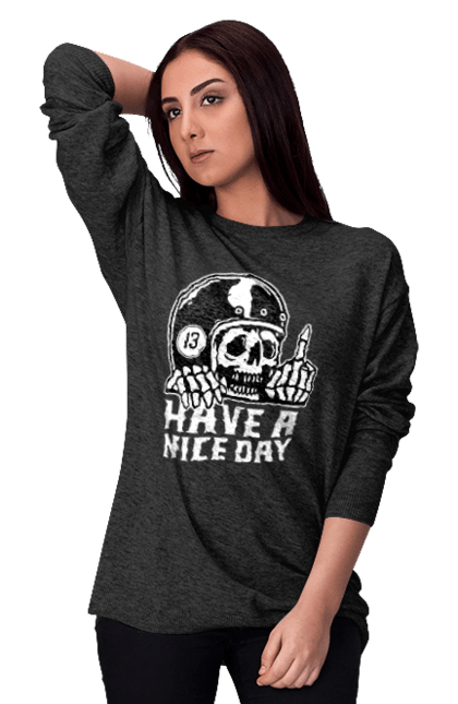 Світшот жіночий з принтом "Гарного дня". Байкерська, гарного дня, з черепом, тринадцять, фак, череп. 2070702