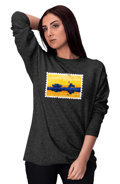 Світшот жіночий з принтом "Нова марка, трактор що тягне танк". Добрий вечір, доброго вечора, марка, марка україни, марка укрпочта, ні війні, трактор тягне танк, тракторні війська, укрпочта. 2070702