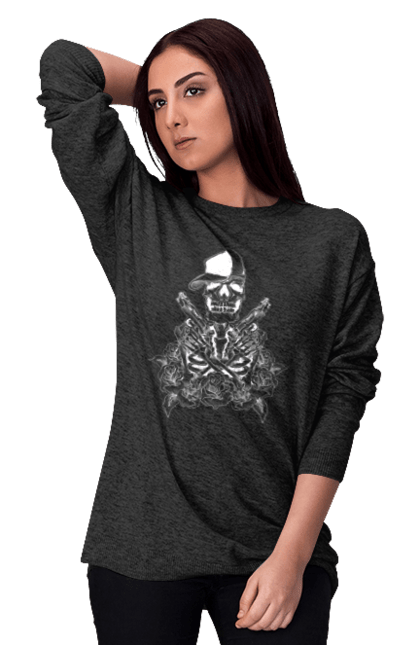 Women's sweatshirt with prints Skeleton with pistols. Black and white, bones, cap, gun, roses, scull, skeleton, teeth. 2070702