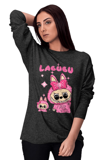 Світшот жіночий з принтом "Лабубу". Іграшка лабубу, лабубу, лабубу кока кола, мерч лабубу, мила, рожева лабубу, смішна лабубу. 2070702