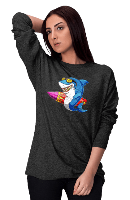 Світшот жіночий з принтом "Акула В Окулярах З Серфінгом". Акула, літо, окуляри, серфінг. 2070702