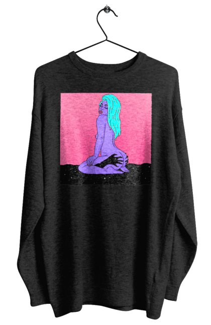 Світшот жіночий з принтом "Фіолетова Дівчина В Руках". Дівчина, інопланетянка, сидить. 2070702