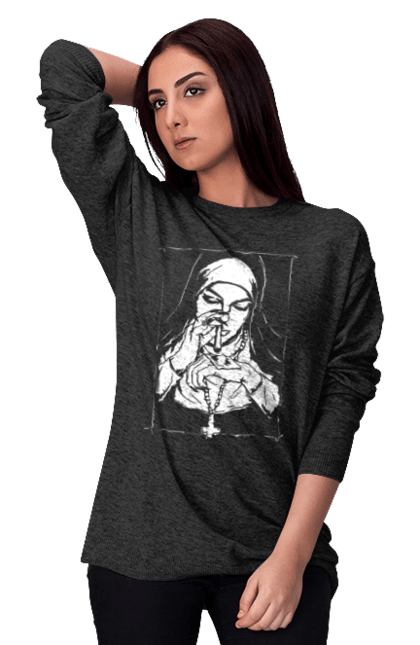 Світшот жіночий з принтом "Монашка нюхає порошок". Крута, метал, модна, молодіжна, популярна, рок, хрест, черниця, черниця нюхає порошок. 2070702