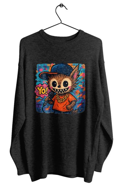 Світшот жіночий з принтом "Лабубу". Бейсболка, вуличне мистецтво, графіті, золотийланцюг, лабубу, мікрофон, міський стиль, репатмосфера, хіпхоп, яскраво. 2070702