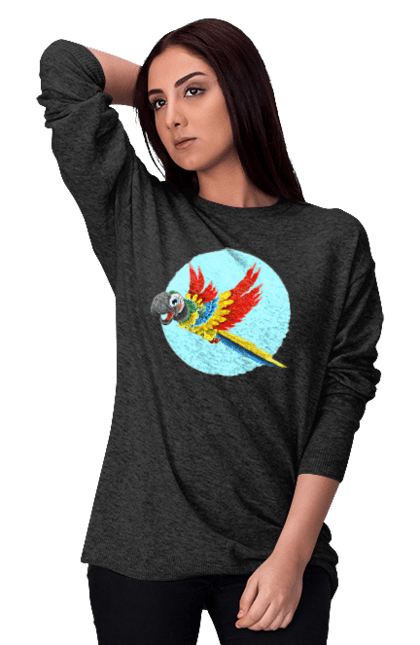 Світшот жіночий з принтом "Папуга". Барвистий папуга, какаду, кольоровий папуга, папуга, що летить. 2070702
