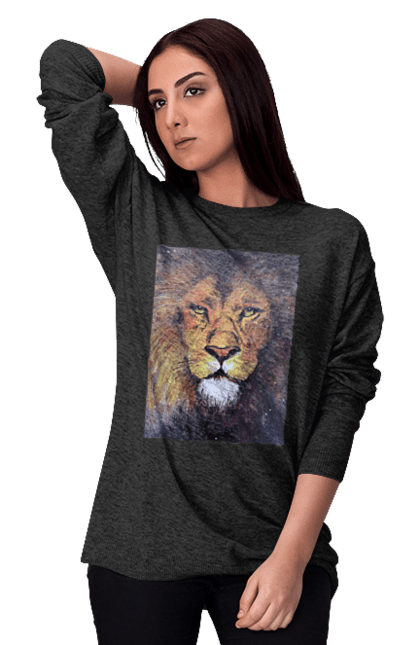 Світшот жіночий з принтом "Лев". Великий кіт, голова, дика природа, звір, знак зодіаку, знаки зодіаку, зодіак, крейда, лев, морда, олівець, природа, стилізований, стиль, тварина, хижак, хижий. ART принт на футболках