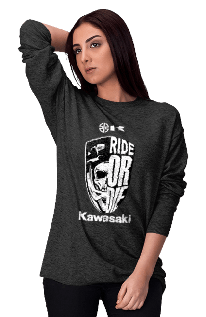 Свитшот женский с принтом Kawasaki. Kawasaki, ride or die, бренд, мотоцикл, спорт, череп. 2070702