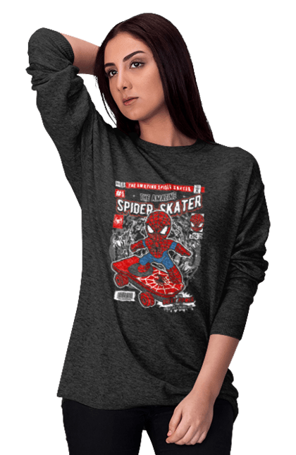 Світшот жіночий з принтом "Spiderman Skateboard". Герой, дивуватися, комікси, людина, людина-павук, павук, супергерой. Funkotee
