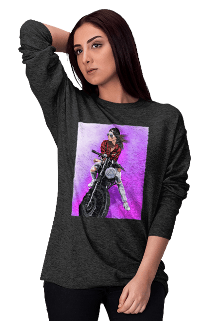 Світшот жіночий з принтом "Дівчина Байкер". Байк, байкер, гонка, дівчина, мото, мотор, мотоцикл, поїздка, стиль, стиль життя. 2070702