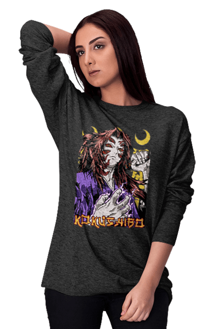 Women's sweatshirt with prints Demon Slayer Kokushibo. Anime, demon slayer, eternal paradise faith, kimetsu no yaiba, kokushibo, manga, nezuko, twelve kizuki, upper rank six. 2070702