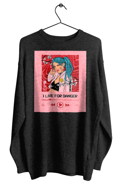 Світшот жіночий з принтом "I Live For Danger". Аніме, музика, пістолет, програвач. 2070702