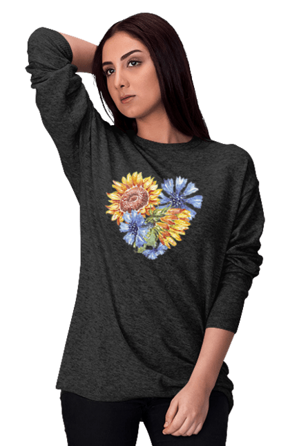 Світшот жіночий з принтом "Серце соняшники та фіалки". Квіти, люблю україну, любов, серце, соняшник, україна, фіалки. 2070702