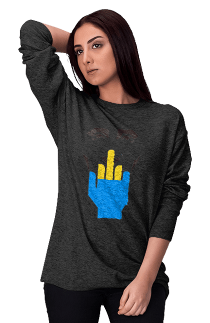 Світшот жіночий з принтом "Путін Хуйло". Все, голова путіна, доброго вечора, йди нахуй, мертвий москаль, москалі, орки, путін хуйло, російський військовий, середній палець. 2070702