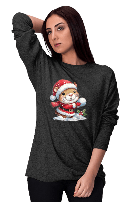 Women's sweatshirt with prints Capybara playing snowballs. Animal, capybara, christmas, christmas capybara, game, gift, holiday, new year, santa, snowballs. 2070702