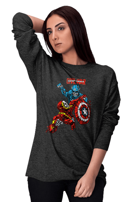 Women's sweatshirt with prints Iron Man vs Captain America. Avengers, captain america, civil war, comic, comics, film, iron man, marvel, marvel comics, tony stark. 2070702