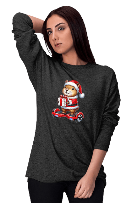 Women's sweatshirt with prints Christmas Capybara with a Gift. Animal, capybara, christmas, christmas capybara, gift, holiday, new year, new year`s gift, santa. 2070702