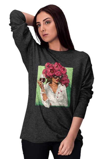 Women`s sweatshirt with prints Girl with peonies and a glass. Flower, girl, glasses, goblet, peonies, shirt, summer, wine. 2070702