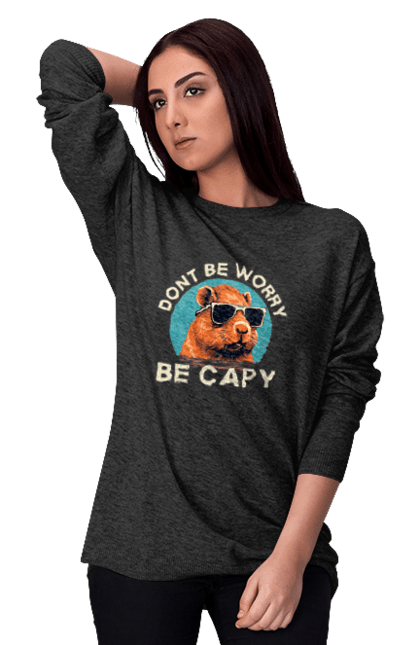 Women's sweatshirt with prints Capybara. Animal, capybara, glasses, rodent. 2070702