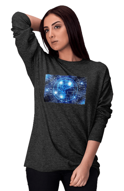 Світшот жіночий з принтом "Штучний інтелект". Айті, айтішник, гік, знання, інженер, інтелект, кібер, кібернетика, кіборг, код, комп, комп`ютерник, кристал, машинне навчання, мікросхема, мозок, портрет, програміст, професіонал, професія, розробник, розум, хакер, чіп, штучний інтелект, штучний розум. 2070702