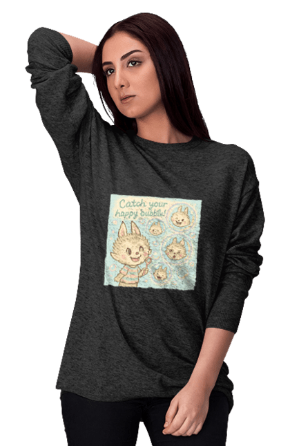 Світшот жіночий з принтом "Лабубу". Бульбашки, грайливо, каваї, казково, лабубу, милаілюстрація, ніжнікольори, пастельнамистецтво, щасливі бульбашки. 2070702