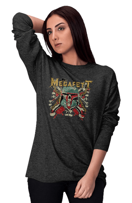 Свитшот женский с принтом Megafett. Boba fett, megadeth, megafett, боба фетт, звездные войны, клон, охотник за головами. 2070702