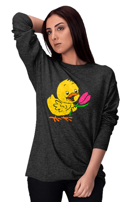 Women`s sweatshirt with prints Chicken With A Tulip. Chick, tulip. 2070702
