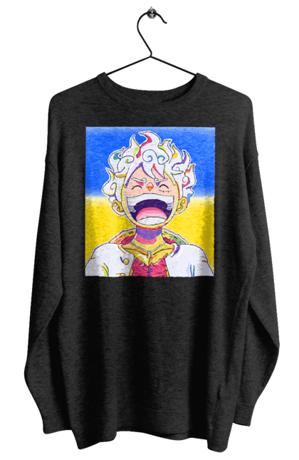 Світшот жіночий з принтом "Монкі д Луффі сміється на жовто блактному фоні". Ван піс, луффі, монкі д. луффі, прапор україни, символ україни, україна. 2070702