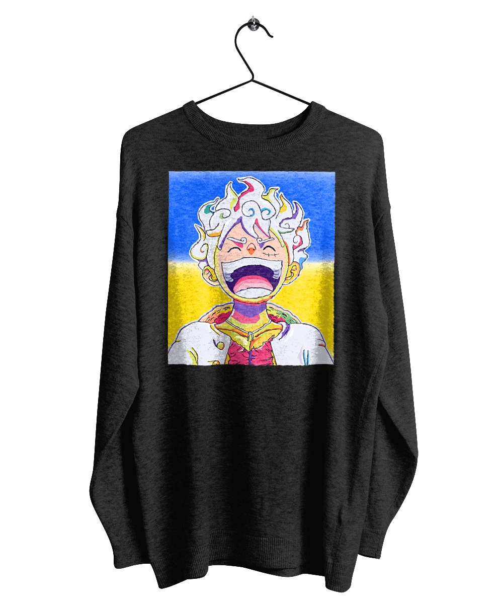 Монки д Луффи смеется на желтом синем фоне.