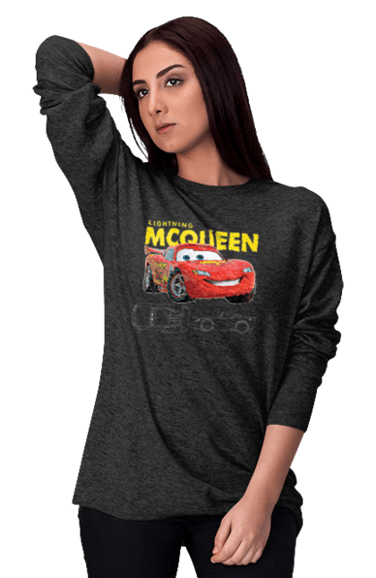 Women's sweatshirt with prints Lightning McQueen. Cartoon, cartoon, lightning mcqueen, race, sport, wheelbarrows. 2070702