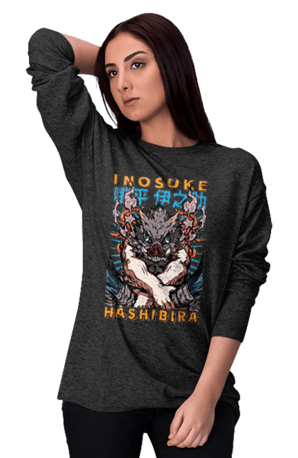 Women's sweatshirt with prints Demon Slayer Inosuke. Anime, demon slayer, inosuke, inosuke hashibira, kimetsu no yaiba, manga. 2070702